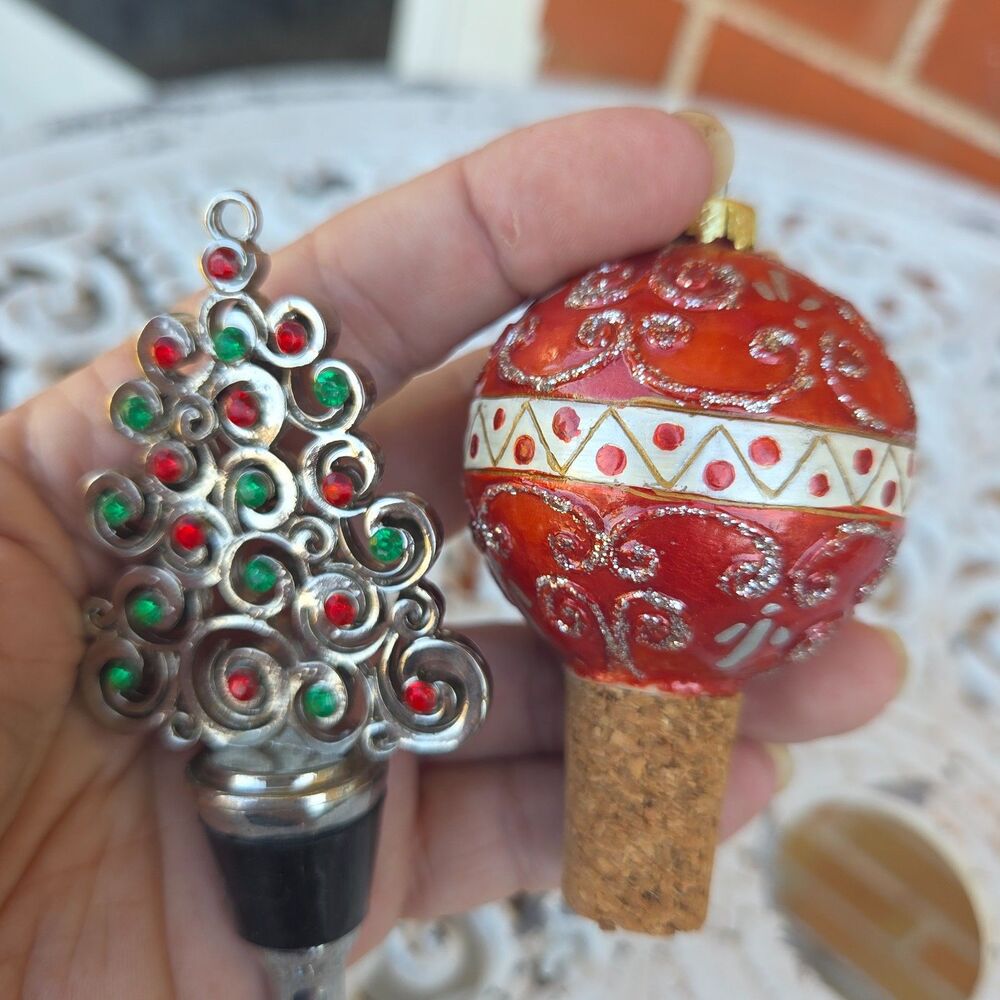 Christmas Wine Bottle Stoppers Set Ornament Cork Rhinestone Tree Holiday